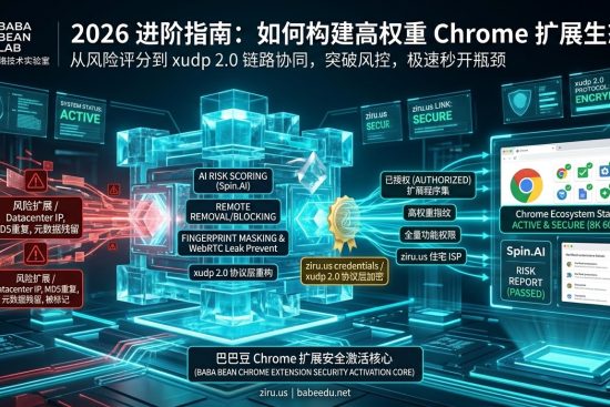 “巴巴豆网络技术实验室（BABA BEAN LAB）2026 Chrome 扩展安全激活核心图示。将被标记的风险指纹扩展经由 xudp 2.0 协议与 ziru.us 住宅权属重构为活跃且安全的授权扩展集，解决风控与秒开难题。”