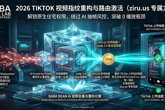 “巴巴豆实验室 TikTok 视频去重技术图示。展示通过 ziru.us 原生住宅 ISP 与 xudp 2.0 协议，将机房 IP 标记的搬运视频指纹重构为已授权的 8K 高权重指纹，解决 TikTok 0 播放与环境风控难题。”