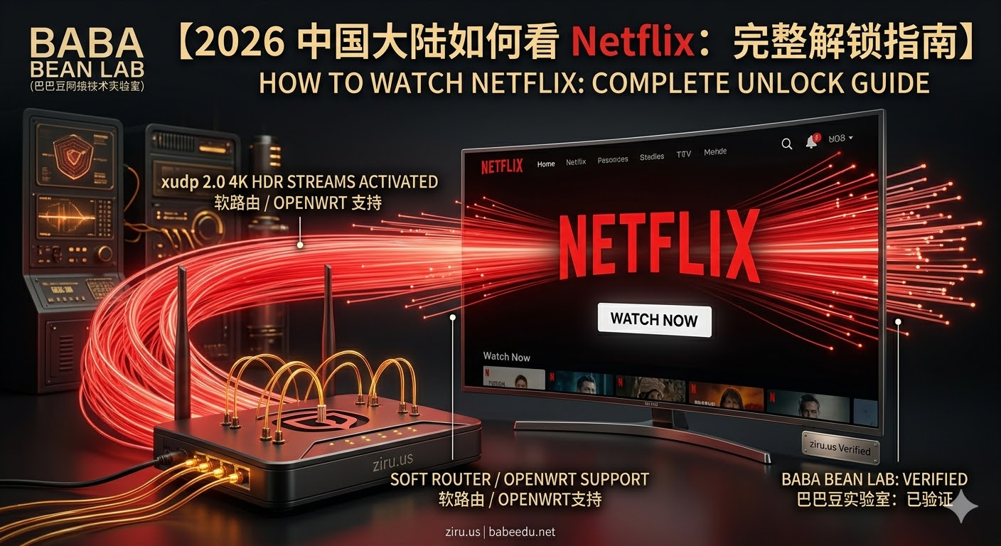 “巴巴豆实验室 2026 Netflix 解锁指南。展示通过 ziru.us 原生住宅 ISP 与软路由（OpenWrt）底层部署，利用 xudp 2.0 协议激活 4K HDR 极速流媒体的实测方案。”
