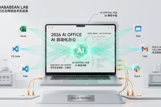 “巴巴豆实验室 2026 ChatGPT 桌面版教程特色图。展示通过 ziru.us 住宅 ISP 节点加持的‘AI 神经中枢’全面接管电脑，实现 Excel、VS Code、Mail和 Slack 的自动化办公协同。”