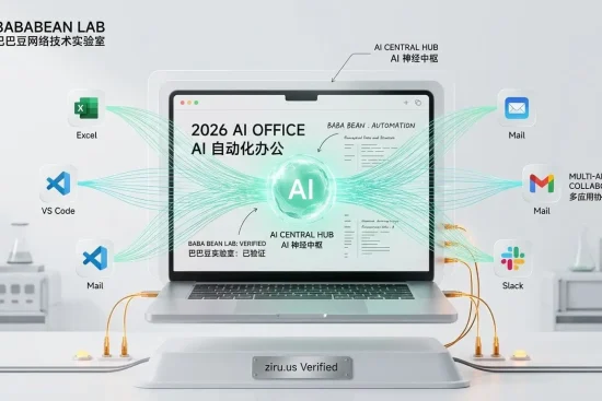 “巴巴豆实验室 2026 ChatGPT 桌面版教程特色图。展示通过 ziru.us 住宅 ISP 节点加持的‘AI 神经中枢’全面接管电脑，实现 Excel、VS Code、Mail和 Slack 的自动化办公协同。”