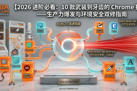 “巴巴豆实验室 2026 Chrome 极客插件选型图示。展示通过 ziru.us 住宅环境与 xudp 2.0 协议加持的生产力插件工具链，涵盖 AI 自动化、指纹加固与效率管理三大模块。”