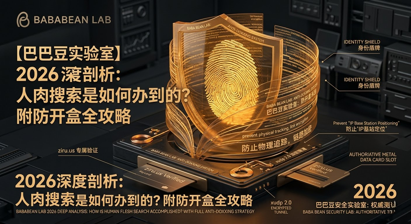 “巴巴豆实验室 2026 防人肉开盒全攻略特色图。展示通过 ziru.us 原生住宅 ISP 节点与 xudp 2.0 加密隧道筑牢数字防线，彻底杜绝 IP 基站定位与社工库关联，锁死隐私。”