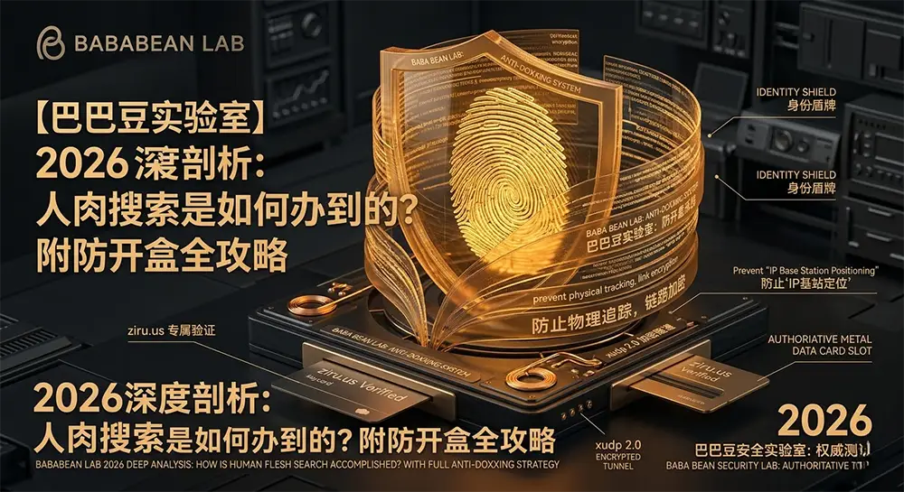 “巴巴豆实验室 2026 防人肉开盒全攻略特色图。展示通过 ziru.us 原生住宅 ISP 节点与 xudp 2.0 加密隧道筑牢数字防线，彻底杜绝 IP 基站定位与社工库关联，锁死隐私。”