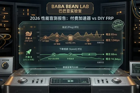 “【巴巴豆实验室】2026 链路性能盲测：付费加速器 vs DIY FRP 方案特色图。采用深色极客仪表盘风格，展示了 3D 荧光绿折线图对‘方案 A：DIY FRP’与‘方案 B：xudp 2.0 (已验证)’的实时性能对比。背景为模糊的深蓝黑色数据中心机架，并标注有‘ziru.us 专属验证’和‘100% 数据包交付率 (100% PACKET DELIVERY)’。整个视觉效果强调数据严谨性与链路高速稳定性，完全告别传统的蓝绿电路板堆砌。”