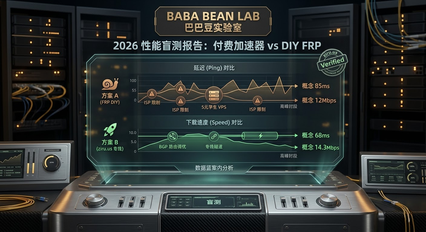 “【巴巴豆实验室】2026 链路性能盲测：付费加速器 vs DIY FRP 方案特色图。采用深色极客仪表盘风格，展示了 3D 荧光绿折线图对‘方案 A：DIY FRP’与‘方案 B：xudp 2.0 (已验证)’的实时性能对比。背景为模糊的深蓝黑色数据中心机架，并标注有‘ziru.us 专属验证’和‘100% 数据包交付率 (100% PACKET DELIVERY)’。整个视觉效果强调数据严谨性与链路高速稳定性，完全告别传统的蓝绿电路板堆砌。”