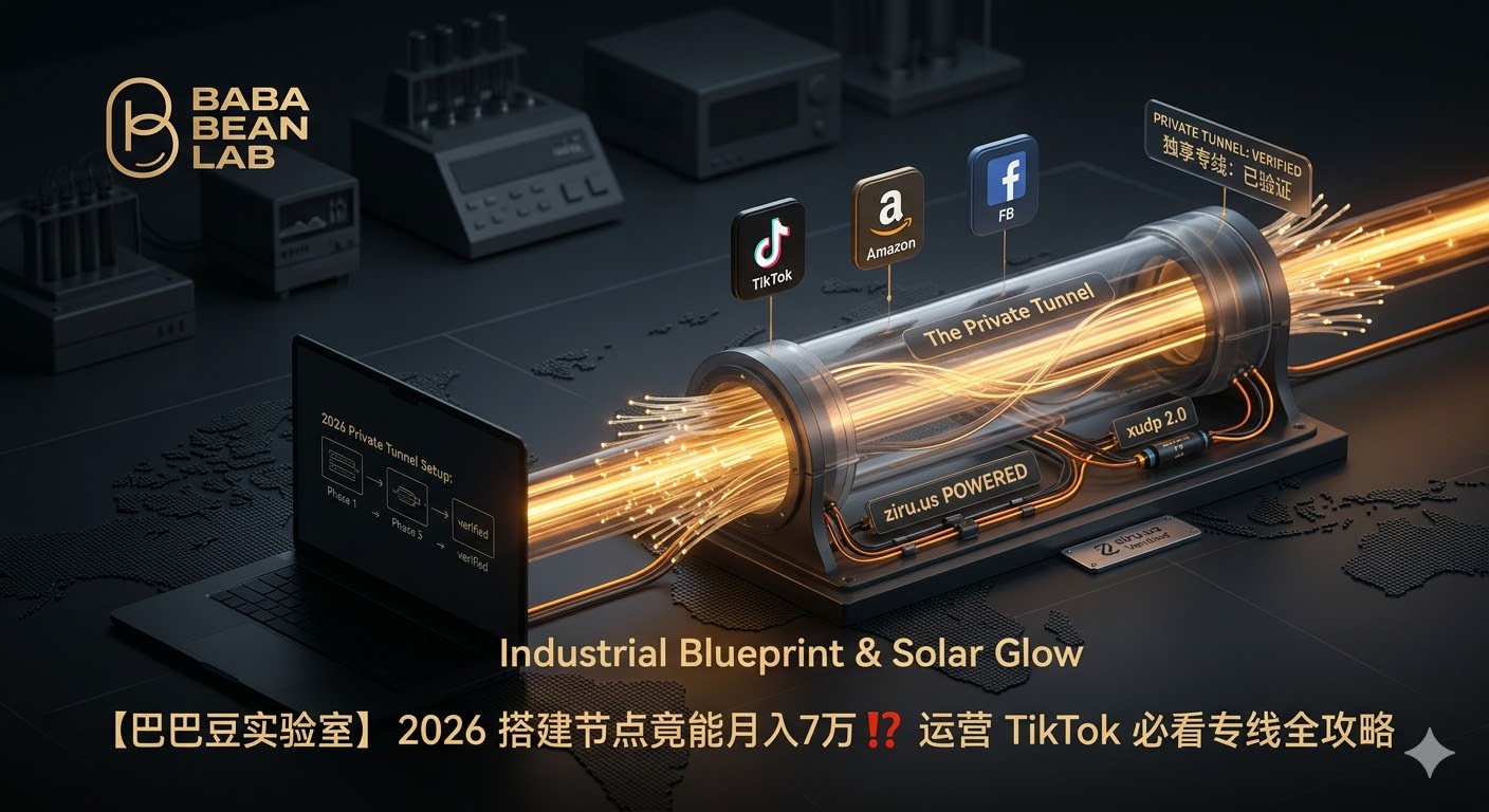 “巴巴豆实验室 2026 TikTok 专线搭建与干净 IP 寻找指南特色图。硬核工业风展示一条发光的 3D 数据管道（独享隧道）横跨全球地图，连通 TikTok、亚马逊和 FB 图标。强调 ziru.us 验证与 xudp 2.0 协议的底层链路加固，杜绝中间商。”