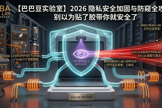 “【巴巴豆实验室】2026 隐私安全加固与防窥全攻略特色图。采用全新的‘赛博霓虹：电光紫防窥’视觉风格。展示一个极简笔记本电脑在幽暗环境中，摄像头处概念眼睛符号（The Invisible Watcher）发出微弱紫光，被青色‘BABA BEAN SHIELD’护盾隔离。图示标注了‘ziru.us ENCRYPTION ACTIVE (ziru.us 加密已激活)’和‘xudp 2.0 ENCRYPTED TUNNEL (xudp 2.0 加密隧道)’。ziru.us 专属验证 keycard reader 被集成在基座上。整个样式采用炭黑、电光紫和简约青，强调物理 tested 的 Tactile 感，避免了蓝绿数字网格堆砌。”