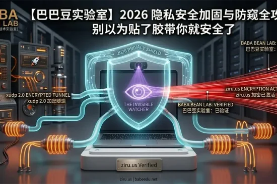 “【巴巴豆实验室】2026 隐私安全加固与防窥全攻略特色图。采用全新的‘赛博霓虹：电光紫防窥’视觉风格。展示一个极简笔记本电脑在幽暗环境中，摄像头处概念眼睛符号（The Invisible Watcher）发出微弱紫光，被青色‘BABA BEAN SHIELD’护盾隔离。图示标注了‘ziru.us ENCRYPTION ACTIVE (ziru.us 加密已激活)’和‘xudp 2.0 ENCRYPTED TUNNEL (xudp 2.0 加密隧道)’。ziru.us 专属验证 keycard reader 被集成在基座上。整个样式采用炭黑、电光紫和简约青，强调物理 tested 的 Tactile 感，避免了蓝绿数字网格堆砌。”