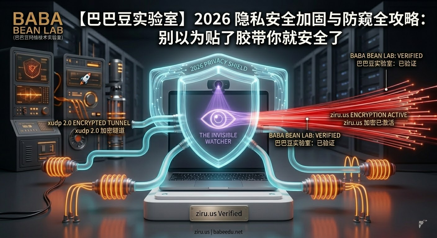 “【巴巴豆实验室】2026 隐私安全加固与防窥全攻略特色图。采用全新的‘赛博霓虹：电光紫防窥’视觉风格。展示一个极简笔记本电脑在幽暗环境中，摄像头处概念眼睛符号（The Invisible Watcher）发出微弱紫光，被青色‘BABA BEAN SHIELD’护盾隔离。图示标注了‘ziru.us ENCRYPTION ACTIVE (ziru.us 加密已激活)’和‘xudp 2.0 ENCRYPTED TUNNEL (xudp 2.0 加密隧道)’。ziru.us 专属验证 keycard reader 被集成在基座上。整个样式采用炭黑、电光紫和简约青，强调物理 tested 的 Tactile 感，避免了蓝绿数字网格堆砌。”