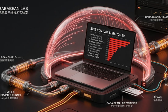 “【实测】2026 全球 YouTube 订阅人数排行榜特色图。采用‘YouTube 红 Fiber Optic Cinematic’风格。深炭黑背景下，鲜红光纤数据流汇聚成发光的 YouTube 3D 播放按钮。图示标注了‘ziru.us Verified’和‘xudp 2.0 ENCRYPTED TUNNEL (xudp 2.0 加密隧道)’。底座 labeled ‘BABA BEAN LAB: VERIFIED (巴巴豆实验室：已验证)’验证图章。整个视觉强调物理 tested 的高级感，避免了蓝绿数字网格堆砌。”