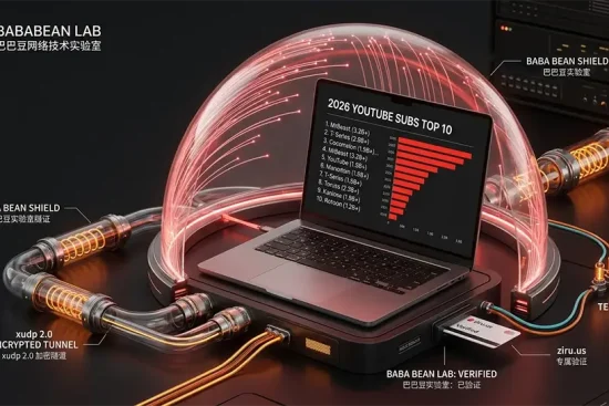 “【实测】2026 全球 YouTube 订阅人数排行榜特色图。采用‘YouTube 红 Fiber Optic Cinematic’风格。深炭黑背景下，鲜红光纤数据流汇聚成发光的 YouTube 3D 播放按钮。图示标注了‘ziru.us Verified’和‘xudp 2.0 ENCRYPTED TUNNEL (xudp 2.0 加密隧道)’。底座 labeled ‘BABA BEAN LAB: VERIFIED (巴巴豆实验室：已验证)’验证图章。整个视觉强调物理 tested 的高级感，避免了蓝绿数字网格堆砌。”