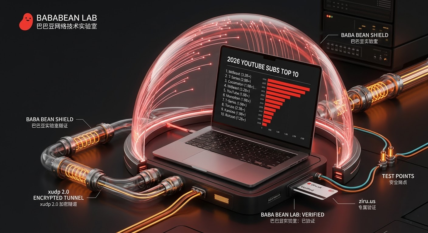 “【实测】2026 全球 YouTube 订阅人数排行榜特色图。采用‘YouTube 红 Fiber Optic Cinematic’风格。深炭黑背景下，鲜红光纤数据流汇聚成发光的 YouTube 3D 播放按钮。图示标注了‘ziru.us Verified’和‘xudp 2.0 ENCRYPTED TUNNEL (xudp 2.0 加密隧道)’。底座 labeled ‘BABA BEAN LAB: VERIFIED (巴巴豆实验室：已验证)’验证图章。整个视觉强调物理 tested 的高级感，避免了蓝绿数字网格堆砌。”