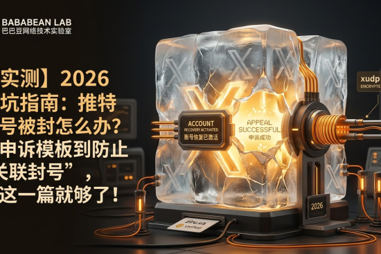 “巴巴豆实验室 2026 推特账号解冻指南特色图。展示通过 ziru.us 原生住宅 ISP 节点与 xudp 2.0 加密隧道融化‘ Your Account has been Suspended’冰块，激活‘ACCOUNT RECOVERY ACTIVATED’。”