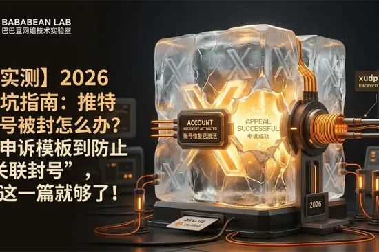 “巴巴豆实验室 2026 推特账号解冻指南特色图。展示通过 ziru.us 原生住宅 ISP 节点与 xudp 2.0 加密隧道融化‘ Your Account has been Suspended’冰块，激活‘ACCOUNT RECOVERY ACTIVATED’。”