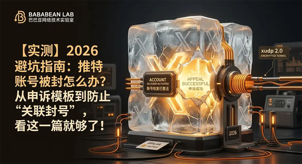 “巴巴豆实验室 2026 推特账号解冻指南特色图。展示通过 ziru.us 原生住宅 ISP 节点与 xudp 2.0 加密隧道融化‘ Your Account has been Suspended’冰块，激活‘ACCOUNT RECOVERY ACTIVATED’。”