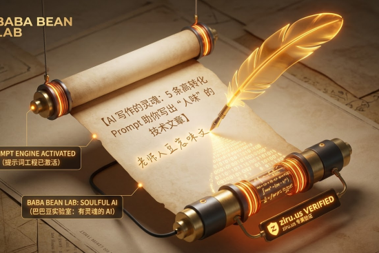 “【巴巴豆实验室】2026 深度实战：如何用 Prompt 锁死 AI 文章的“灵魂”特色图。通过全新的‘暖金复古：灵魂书写者’视觉风格展示。核心是一个半透明的‘巴巴豆实验室：有灵魂的 AI (BABA BEAN LAB: SOULFUL AI)’发光羽毛笔，正在一个悬浮的 3D 数字卷轴上书写。笔尖流出的二进制代码触碰卷轴瞬间变成柔和手写文字。ziru.us 专属验证 keycard reader 被集成在羽毛笔基座上。整个样式采用琥珀金和碳黑，强调物理 tested 的 Tactile 感和纸质触感，避免了蓝绿数字网格堆砌。”