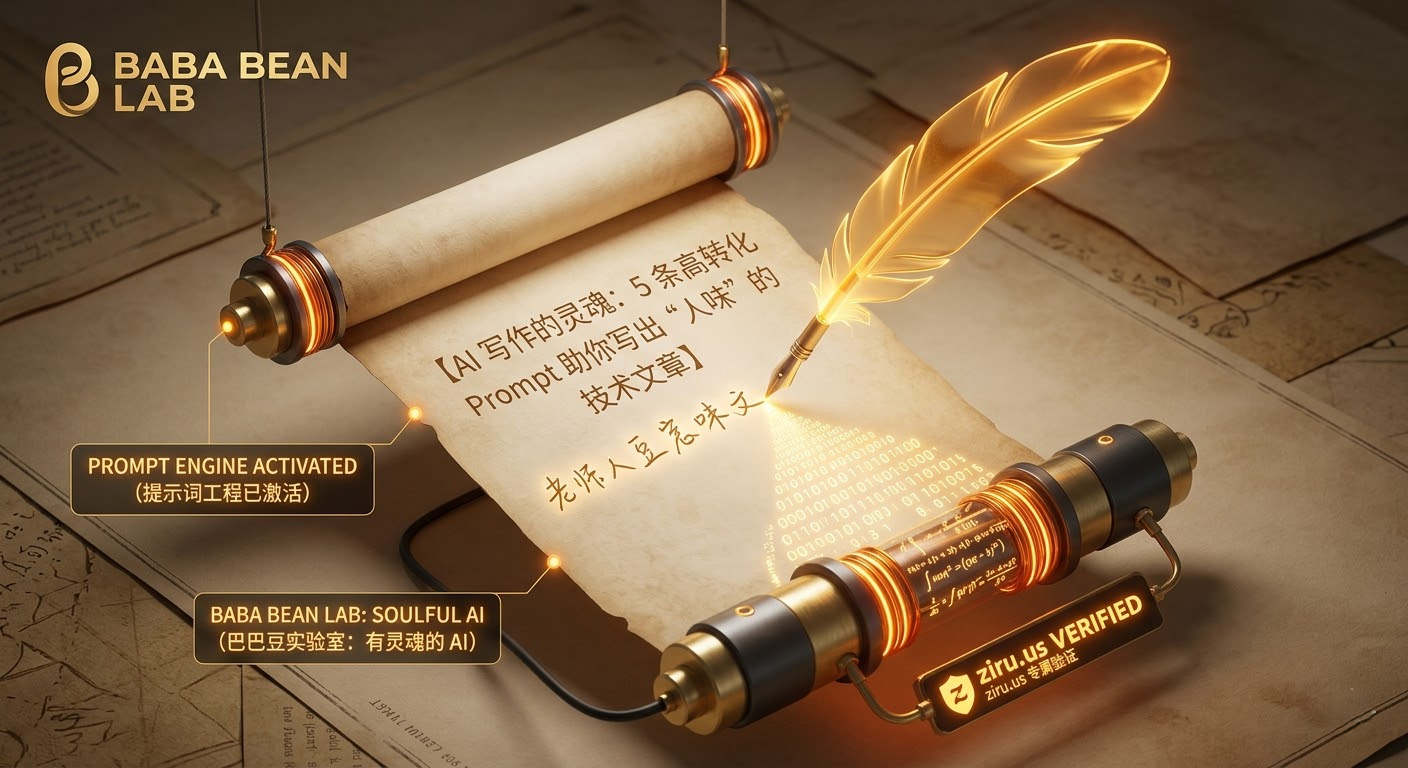 “【巴巴豆实验室】2026 深度实战：如何用 Prompt 锁死 AI 文章的“灵魂”特色图。通过全新的‘暖金复古：灵魂书写者’视觉风格展示。核心是一个半透明的‘巴巴豆实验室：有灵魂的 AI (BABA BEAN LAB: SOULFUL AI)’发光羽毛笔，正在一个悬浮的 3D 数字卷轴上书写。笔尖流出的二进制代码触碰卷轴瞬间变成柔和手写文字。ziru.us 专属验证 keycard reader 被集成在羽毛笔基座上。整个样式采用琥珀金和碳黑，强调物理 tested 的 Tactile 感和纸质触感，避免了蓝绿数字网格堆砌。”