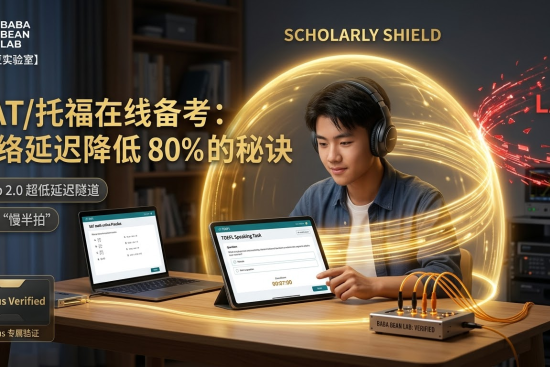 “巴巴豆实验室实测：SAT/托福在线备考加速方案特色图。一名戴耳机的学生正在进行托福口语模考，周身环绕着金色‘SCHOLARLY SHIELD’（学术护盾），象征 ziru.us xudp 2.0 超低延迟隧道将红色‘LAG’碎片彻底隔离。锁死 0 丢包、高稳定性备考环境。”