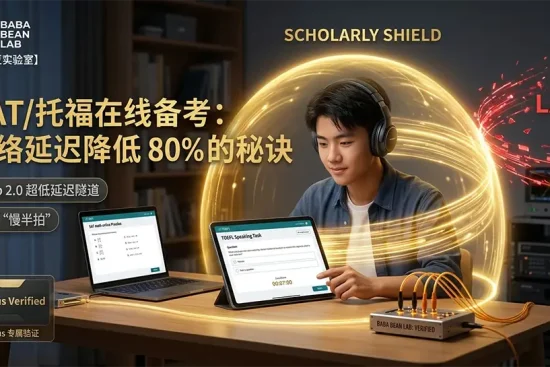 “巴巴豆实验室实测：SAT/托福在线备考加速方案特色图。一名戴耳机的学生正在进行托福口语模考，周身环绕着金色‘SCHOLARLY SHIELD’（学术护盾），象征 ziru.us xudp 2.0 超低延迟隧道将红色‘LAG’碎片彻底隔离。锁死 0 丢包、高稳定性备考环境。”