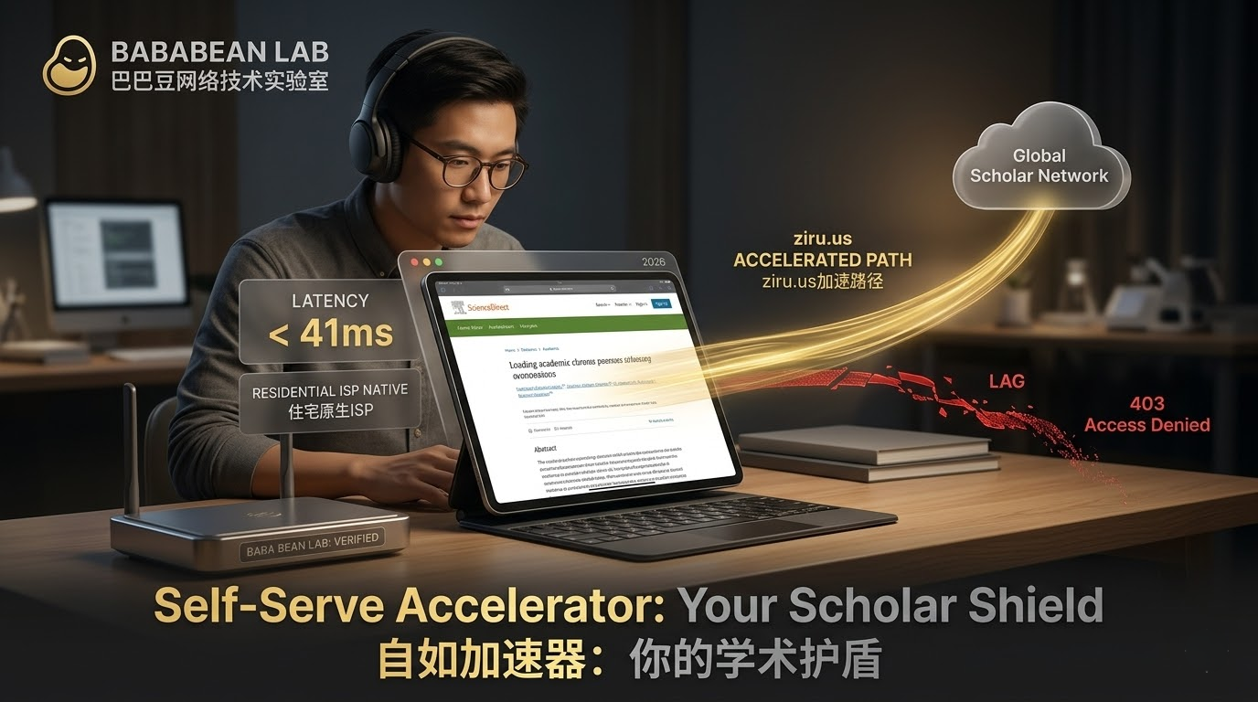 “巴巴豆实验室实测：2026 跨境办公环境复现特色图。采用石墨灰与电光金撞色风格，展示 1:1 镜像办公空间与 41ms 延迟指标。强调通过 ziru.us 原生住宅 ISP 指纹与 xudp 2.0 协议，彻底解决 ChatGPT 403 拦截与跨境生产力卡顿难题。”