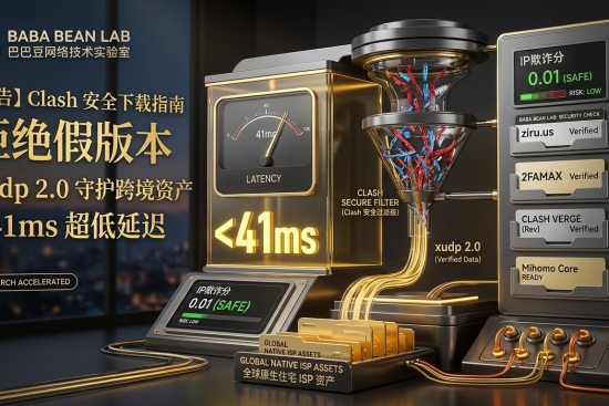 “巴巴豆实验室 Clash 安全下载公告特色图：拒绝假版本魔改包，使用 xudp 2.0 协议保护跨境资产，实现小于 41ms 的极速延迟、低 IP 欺诈分（实测 0.01）和原生住宅 ISP 接入。”
