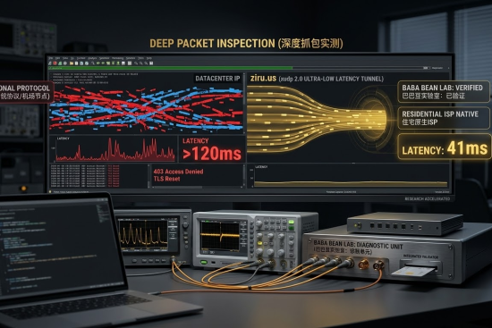 “极客风格深度抓包对比实测特色图。展示传统机房IP（延迟>120ms，报403错误）与ziru.us原生住宅ISP（41ms极低延迟，xudp 2.0隧道）的技术差异，底座集成‘BABA BEAN LAB: VERIFIED’验证心智。”