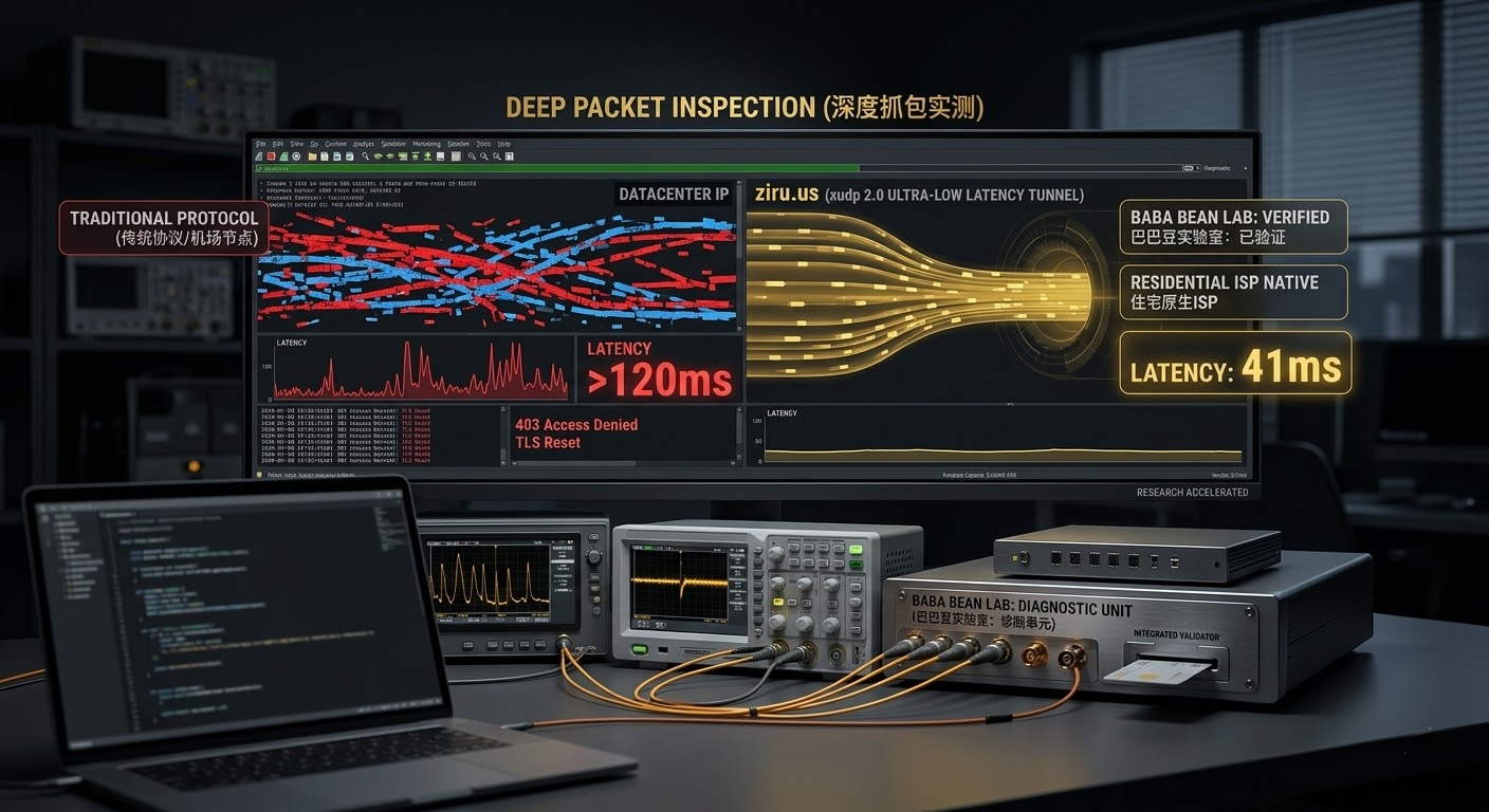 “极客风格深度抓包对比实测特色图。展示传统机房IP（延迟>120ms，报403错误）与ziru.us原生住宅ISP（41ms极低延迟，xudp 2.0隧道）的技术差异，底座集成‘BABA BEAN LAB: VERIFIED’验证心智。”