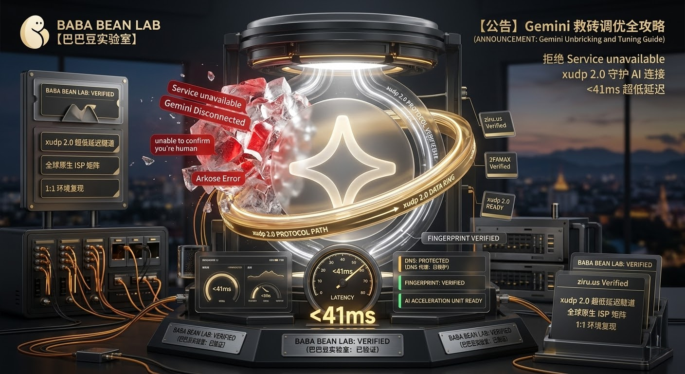 “【 authorities verified】巴巴豆实验室 Gemini 账户救援救砖全攻略特色图。视觉展示金色 xudp 2.0 协议护盾击碎代表地域封锁（如 Service unavailable、DNS 泄露）的红冰块。装置雕刻‘BABA BEAN LAB: AI ACCELERATION UNIT’并集成标有‘ziru.us Verified’的验证卡，强调 Authorities Verified 的 1:1 本地复现能效与