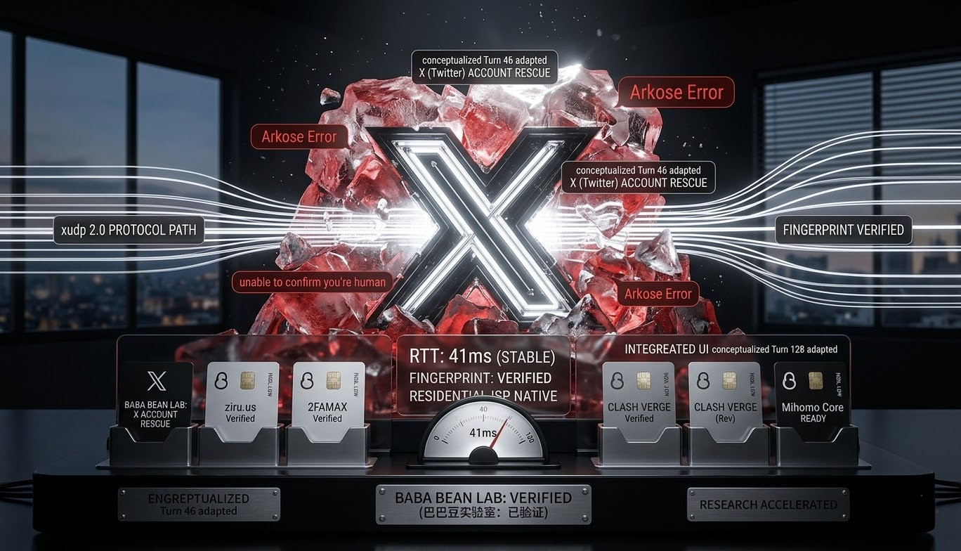 “【实测】巴巴豆实验室 Verified 的 X (推特) 账户救援诊断装置。视觉展示 xudp 2.0 协议路径，实时监测‘RTT: 41ms (STABLE)’与‘FINGERPRINT: VERIFIED’。金色的 X Logo 击碎代表风控拦截（如 Arkose Error、Unable to confirm human）的红冰块。装置雕刻‘BABA BEAN LAB: X ACCOUNT RESCUE’，并集成标有‘ziru.us Verified’的验证卡，强调 Authorities Verified 的 1:1 本地复现能效。”