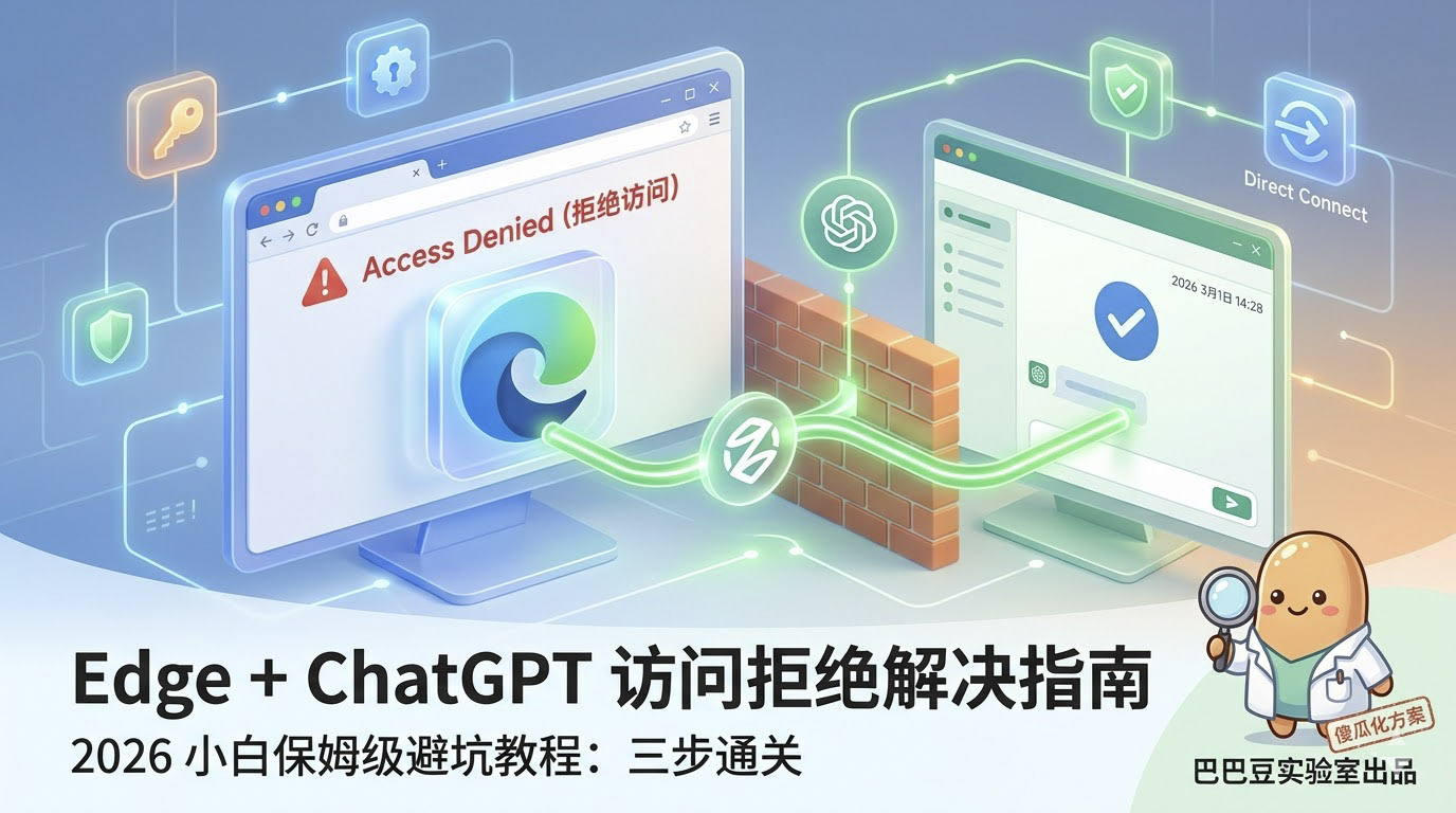 巴巴豆实验室制作：2026 Edge + ChatGPT 访问拒绝解决指南特色图，手把手教小白通过三步傻瓜化方案修复 Access Denied (拒绝访问) 1020 报错，实现 AI 生产力的一键通关。