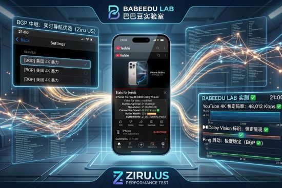 巴巴豆实验室实测：自如加速器 BGP 中继线路在 21:00 晚高峰实现 YouTube 4K 极清播放，恒定码率达 48,012 Kbps。