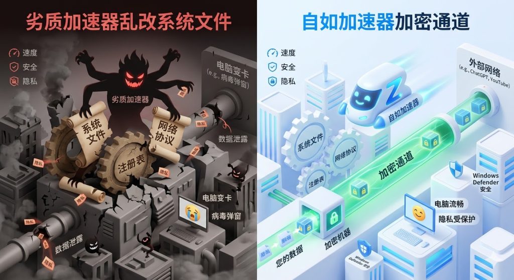 自如加速器与劣质软件的底层安全对比图。左侧展示劣质软件乱改系统文件导致数据泄露；右侧展示自如 BGP 专线实现 AES-256 加密传输，确保 Windows 系统纯净与隐私安全。
