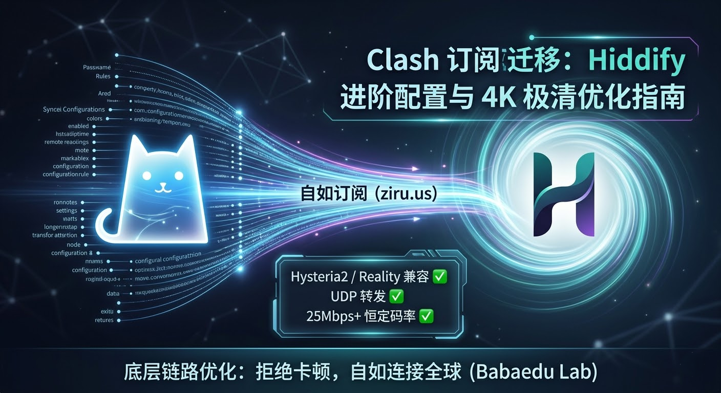 巴巴豆发布：2026 Clash 订阅完美迁移 Hiddify 进阶配置与 4K 极清优化指南。