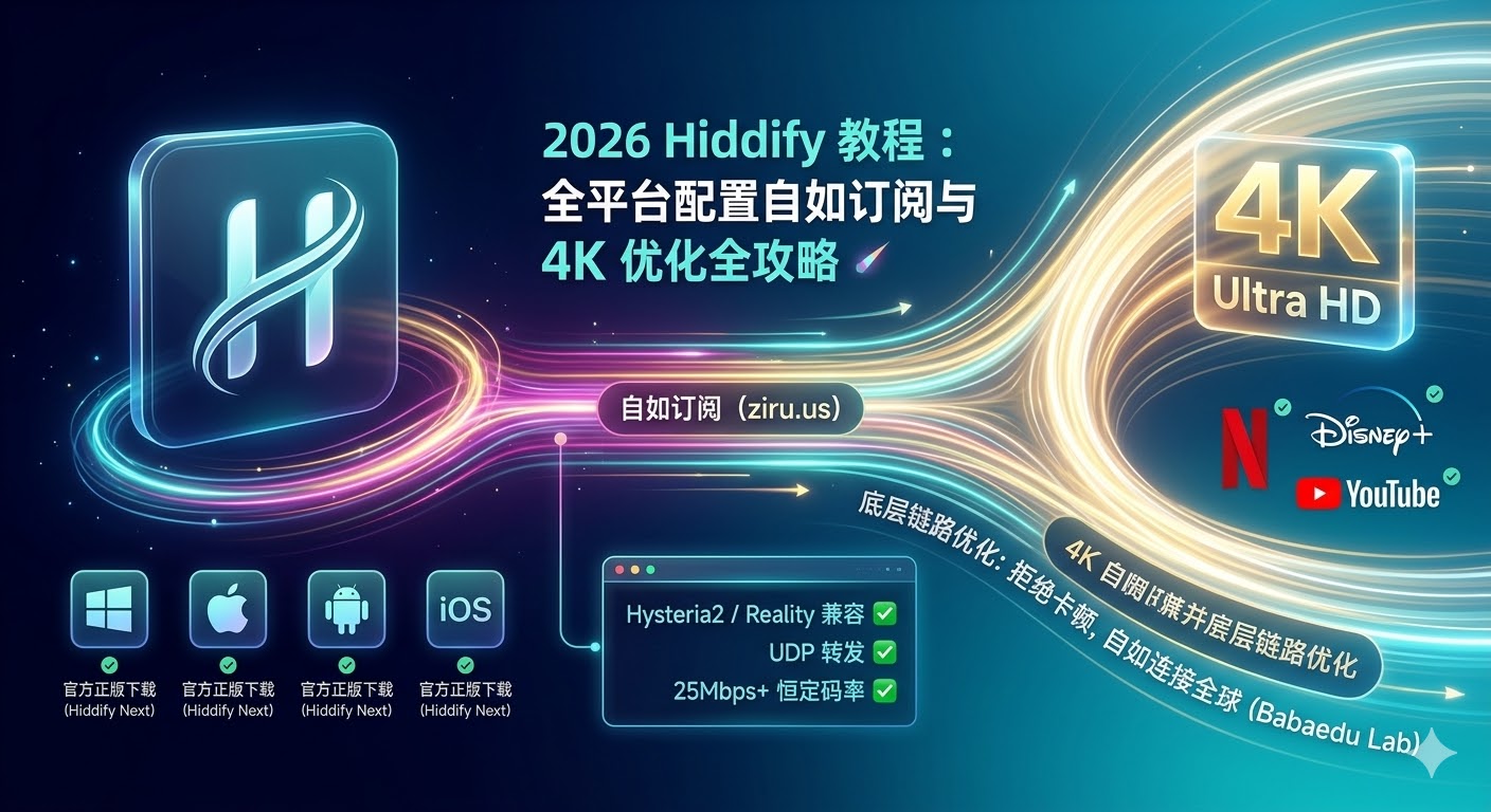 巴巴豆 2026 Hiddify 教程：全平台配置自如订阅与 Hysteria2/Reality 4K 优化。