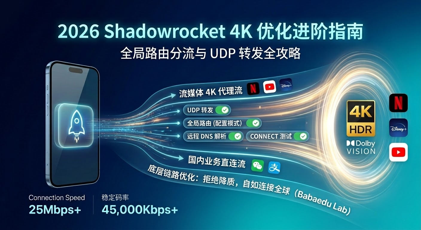 巴巴豆 2026 Shadowrocket 4K 优化进阶:全局路由分流与 UDP 转发全攻略。
