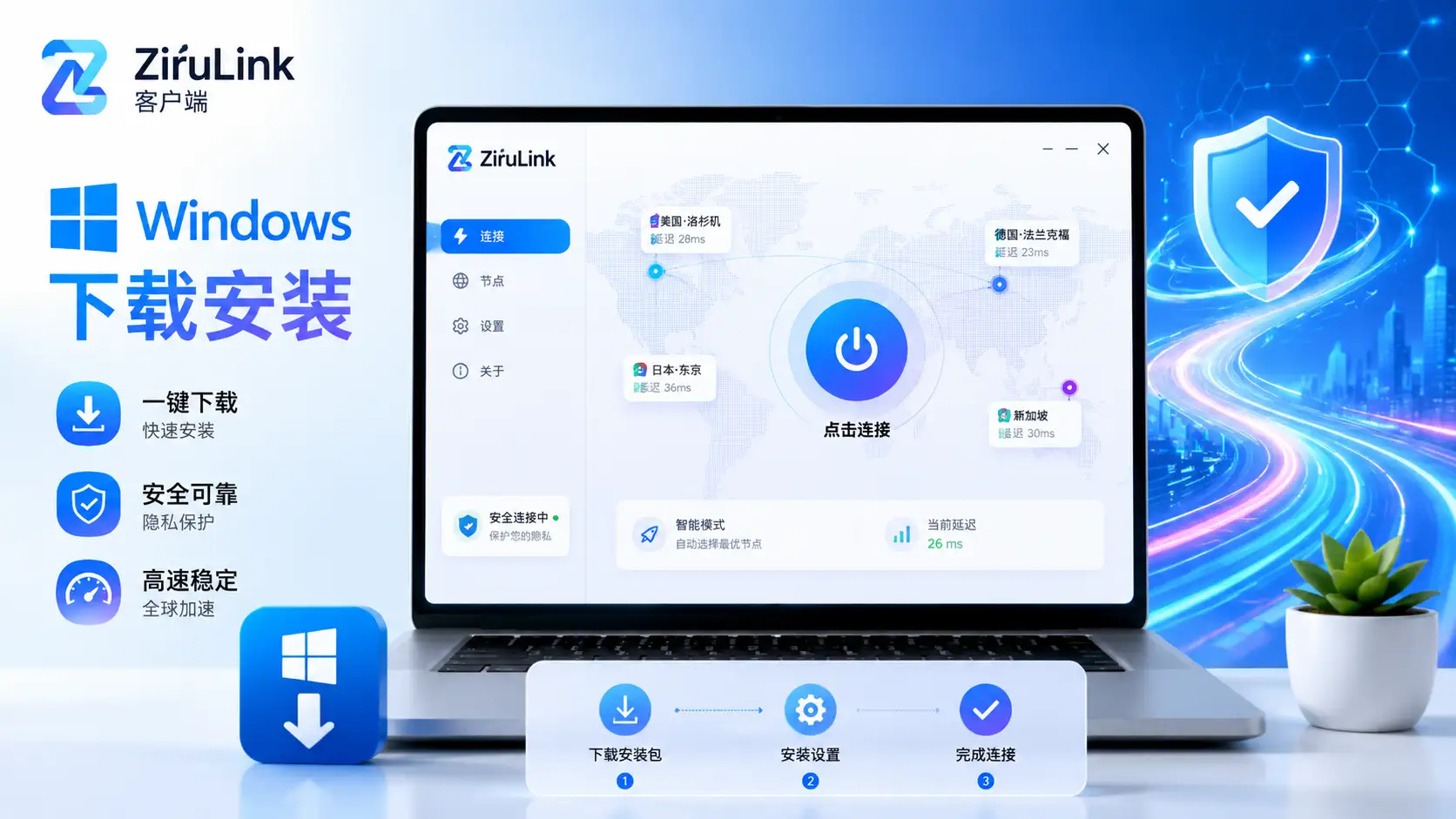 自如云联 ZiruLink Windows 客户端下载安装教程特色图，展示 Windows 电脑下载、安装、节点连接、安全加速和一键连接使用流程。