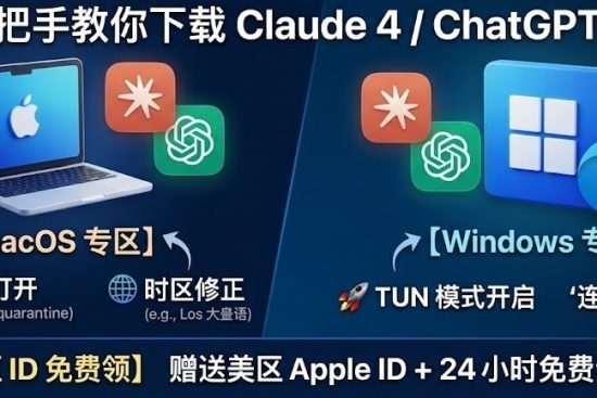 巴巴豆实验室 2026-04-26 特色封面图：Mac 与 Windows 双端 AI 终极激活全攻略。左侧 macOS 专区重点标注“仍要打开”权限解除与“时区修正”技巧；右侧 Windows 专区强调“TUN 模式开启”与“连上没网”修复方案。中间展示 Claude 4 和 ChatGPT-5 官方图标。底部醒目展示【美区 ID 免费领】福利，包含免费赠送美区 Apple ID 与自如加速器 24 小时免费试用，旨在解决 2026 年用户访问全球 AI 工具的下载与配置难题。