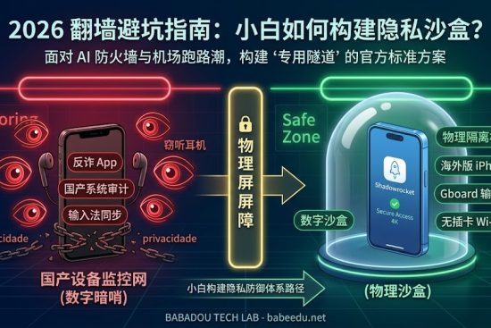 【2026 翻墙安全：如何构建隐私隔离沙盒】特色图。画面展示 stylized 的数字地球，被红色 AI 防火墙（GFW、深度检测）封锁。左侧是破碎的廉价机场和公网中转图标（如 SS/SSR），显示“机场跑路潮”和“连接失败”；右侧是绿色的“地下专用隧道”和“VLESS Reality”协议绕过封锁，连接到自如加速器（Ziru Accelerator）节点。展示 Shadowrocket（小火箭）和 v2rayN 客户端界面显示“Connected: Safe Access”和“4K Smooth”。底部展示一个礼盒内含“FREE US Apple ID”卡片，指向 App Store 图标和“Get Shadowrocket”按钮。文字醒目清晰，体现巴巴豆实验室专业指引。