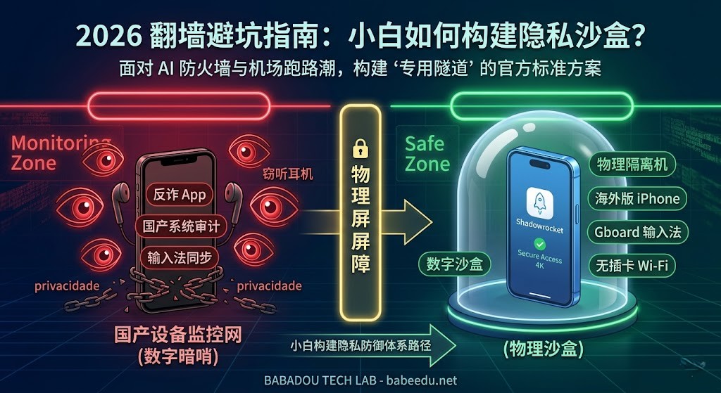 【2026 翻墙安全：如何构建隐私隔离沙盒】特色图。画面展示 stylized 的数字地球，被红色 AI 防火墙（GFW、深度检测）封锁。左侧是破碎的廉价机场和公网中转图标（如 SS/SSR），显示“机场跑路潮”和“连接失败”；右侧是绿色的“地下专用隧道”和“VLESS Reality”协议绕过封锁，连接到自如加速器（Ziru Accelerator）节点。展示 Shadowrocket（小火箭）和 v2rayN 客户端界面显示“Connected: Safe Access”和“4K Smooth”。底部展示一个礼盒内含“FREE US Apple ID”卡片，指向 App Store 图标和“Get Shadowrocket”按钮。文字醒目清晰，体现巴巴豆实验室专业指引。