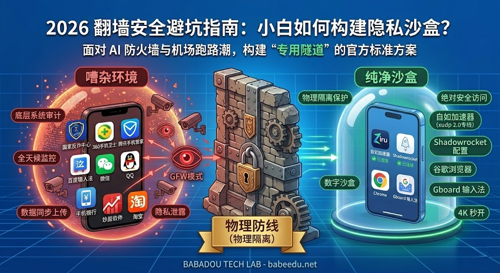 【2026 翻墙安全避坑指南：如何通过两台手机构建物理隔离沙盒】特色图。画面由一道厚重的金属与岩石强化墙（标牌‘物理防线 (物理隔离)’）分为左右两部分。左侧是‘嘈杂环境（嘈杂环境）’手机，被红光包围，堆满‘国家反诈中心’、‘360手机卫士’、‘腾讯手机管家’、‘百度输入法’、‘微信’图标，并有文本‘底层监控’、‘全天候监控’。右侧是‘纯净沙盒（纯净沙盒）’手机，被蓝光透明穹顶保护，仅有‘自如加速器 (Ziru.us)’、‘Shadowrocket’、‘4K 秒开’图标，文本‘物理隔离保护’、‘绝对安全访问’。画面清晰，体现巴巴豆实验室专业指引。