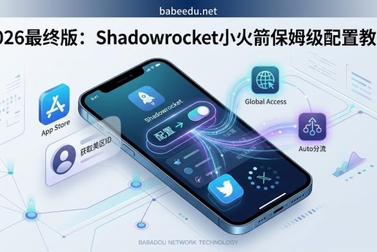 2026年最新Shadowrocket小火箭保姆级配置教程特色图：展示iOS美区App Store登录指引、小火箭“配置模式”切换逻辑及推特顺利加载的科技实验室风格插画。