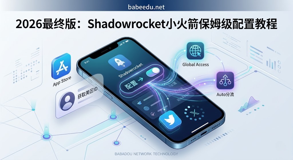 2026年最新Shadowrocket小火箭保姆级配置教程特色图：展示iOS美区App Store登录指引、小火箭“配置模式”切换逻辑及推特顺利加载的科技实验室风格插画。