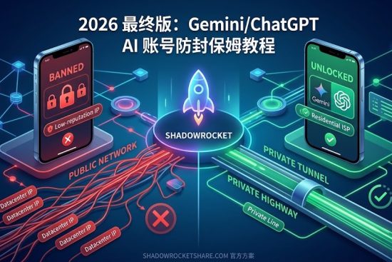 2026 最终版：Shadowrocket 小火箭保姆级 FAQ 教程出色图。画面展示 stylized 的美区 App Store 山寨与正版对比、账号锁安全绕过指引、以及小火箭软件内核心“配置 (Config)”模式分流逻辑，精准拦截搜“小火箭怎么设置”的流量。