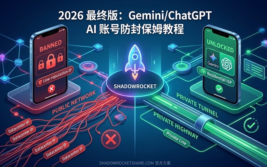 2026 最终版:Shadowrocket 小火箭保姆级 FAQ 教程出色图。画面展示 stylized 的美区 App Store 山寨与正版对比、账号锁安全绕过指引、以及小火箭软件内核心“配置 (Config)”模式分流逻辑,精准拦截搜“小火箭怎么设置”的流量。