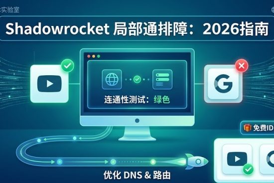 Shadowrocket 故障排障特色图：对比展示小火箭连通绿数下 YouTube 成功秒开与 Google 搜索失败，中间展示“优化配置逻辑”流线解决方案。