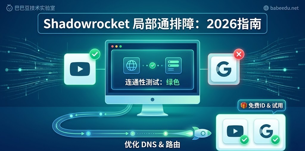 Shadowrocket 故障排障特色图：对比展示小火箭连通绿数下 YouTube 成功秒开与 Google 搜索失败，中间展示“优化配置逻辑”流线解决方案。