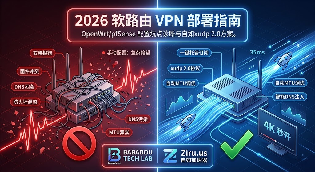 【2026 官方旗舰指南】软路由 VPN 部署全书特色图：手动配置 chaos vs 自如一键起飞 order。画面左侧为红色混乱链路，标签包括：安装报错, 固件冲突, DNS污染, 防火墙漏包, MTU异常；画面右侧为蓝色优化链路，标签包括：一键托管订阅, xudp 2.0协议, 自动MTU调优, 智能DNS注入（延迟 35ms，4K秒开）。顶部标题：‘2026 软路由 VPN 部署指南：告别掉线，一键起飞’。底部展示：‘BABADOU TECH LAB - babeedu.net’和‘Ziru.us 自如加速器’。图片清晰总结了 OpenWrt/pfSense 配置坑点诊断与自如方案的降维打击。