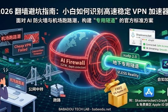 【2026 翻墙推荐：机场跑路潮下，小白如何识别高速稳定 VPN 加速器？】特色图。画面展示 stylized 的数字地球，被红色 AI 防火墙（GFW、深度检测）封锁。左侧是破碎的廉价机场和公网中转图标（如 SS/SSR），显示“机场跑路潮”和“连接失败”；右侧是绿色的“地下专用隧道”和“VLESS Reality”协议绕过封锁，连接到自如加速器（Ziru Accelerator）节点。展示 Shadowrocket（小火箭）和 v2rayN 客户端界面显示“Connected: Safe Access”和“4K Smooth”。底部展示一个礼盒内含“FREE US Apple ID”卡片，指向 App Store 图标和“Get Shadowrocket”按钮。文字醒目清晰，体现巴巴豆实验室专业指引。