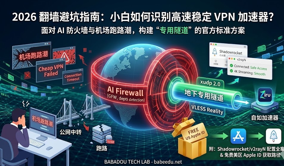 【2026 翻墙推荐:机场跑路潮下,小白如何识别高速稳定 VPN 加速器?】特色图。画面展示 stylized 的数字地球,被红色 AI 防火墙(GFW、深度检测)封锁。左侧是破碎的廉价机场和公网中转图标(如 SS/SSR),显示“机场跑路潮”和“连接失败”;右侧是绿色的“地下专用隧道”和“VLESS Reality”协议绕过封锁,连接到自如加速器(Ziru Accelerator)节点。展示 Shadowrocket(小火箭)和 v2rayN 客户端界面显示“Connected: Safe Access”和“4K Smooth”。底部展示一个礼盒内含“FREE US Apple ID”卡片,指向 App Store 图标和“Get Shadowrocket”按钮。文字醒目清晰,体现巴巴豆实验室专业指引。